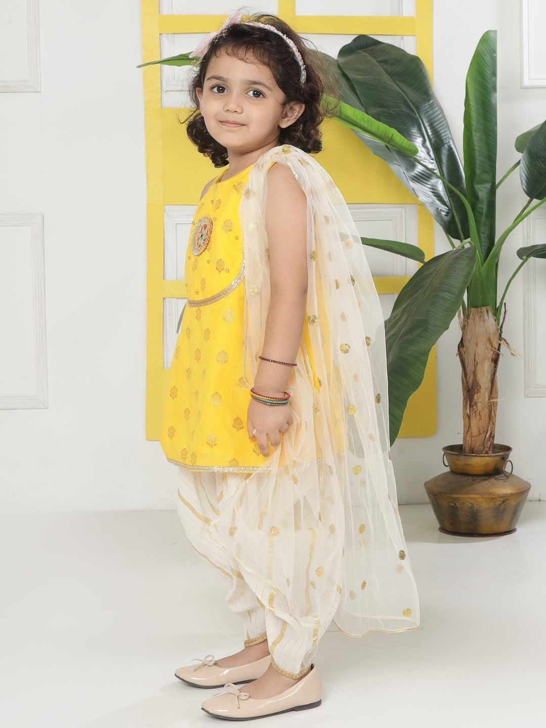 Yellow Cream Floral Zari Embroidery Cotton Kurta Salwar Set with Dupatta | SHOBITAM