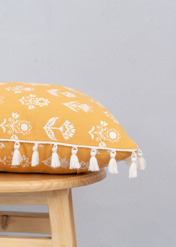 Dahlia Mustard Floral Printed Cushion Cover for Sofa with Tassels – 100% Cotton | SHOBITAM