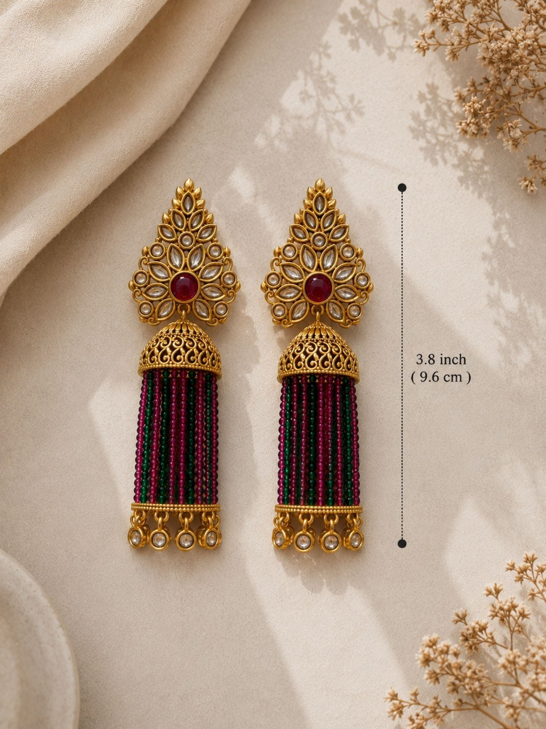 Traditional Pink Green Beaded Jhumka Earrings – Kundan Tassel Statement Earrings | SHOBITAM