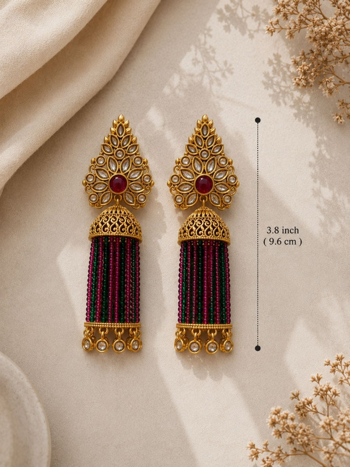 Traditional Pink Green Beaded Jhumka Earrings – Kundan Tassel Statement Earrings | SHOBITAM