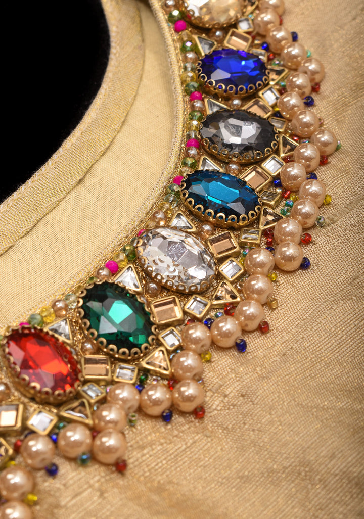 Multicolor Necklace and bajuband handwork detailing on Sandal Pure Tissue Raw Silk Blouse