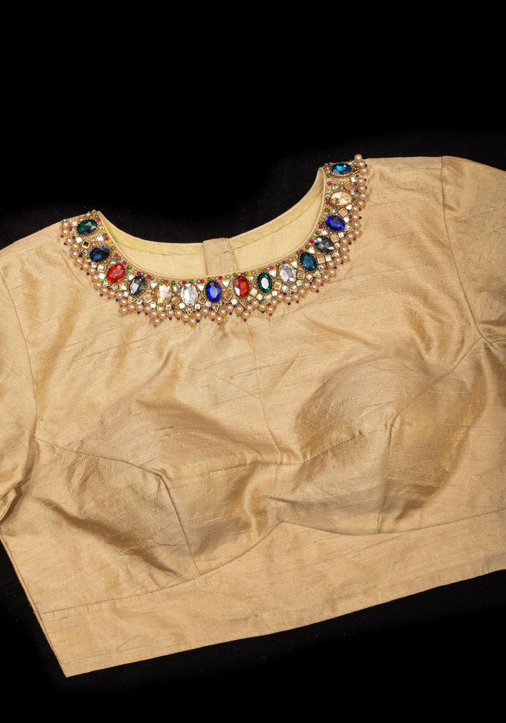 Multicolor Necklace and bajuband handwork detailing on Sandal Pure Tissue Raw Silk Blouse