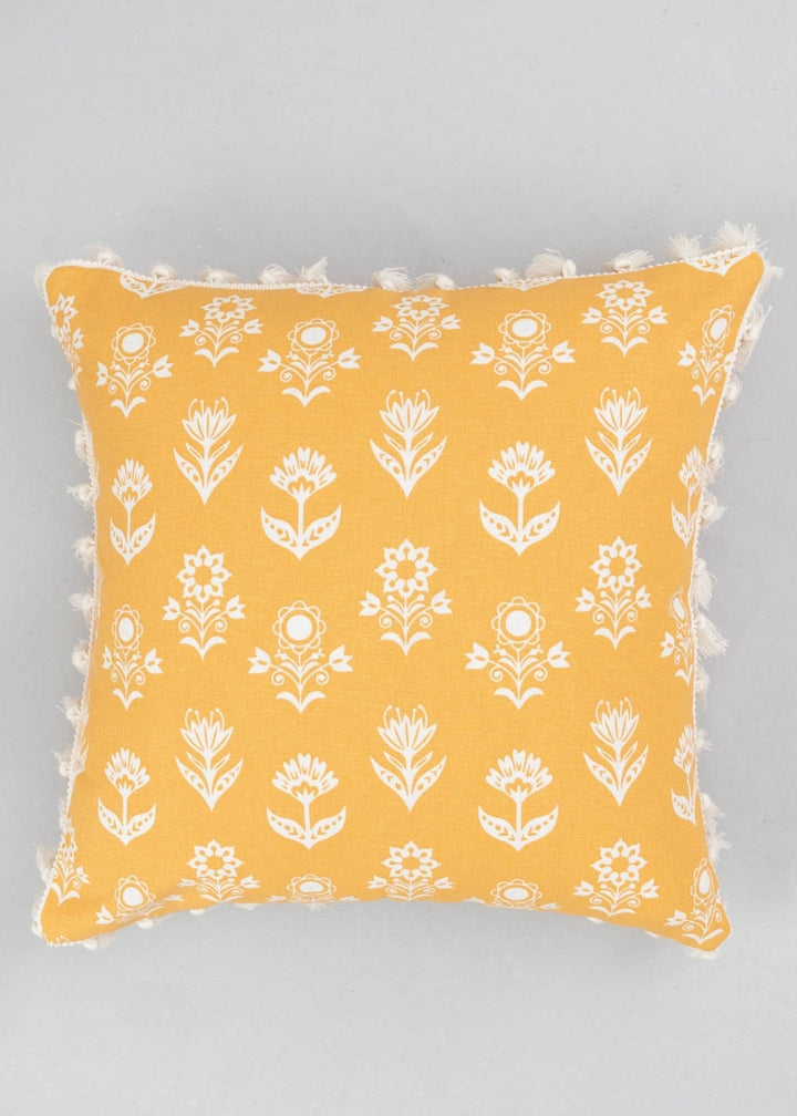 Dahlia Mustard Floral Printed Cushion Cover for Sofa with Tassels – 100% Cotton | SHOBITAM