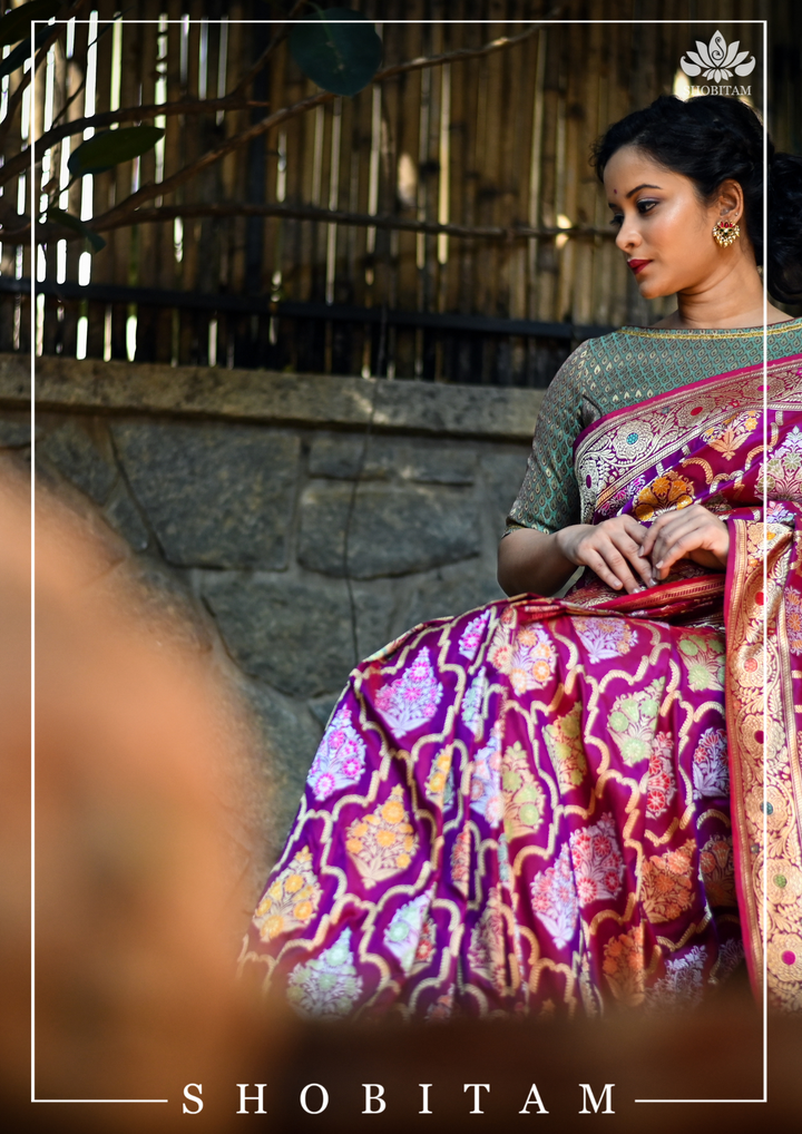 Authentic Kadhuwa Jungla Multi-color Meenakari Jaal Banarasi Silk Saree in Plum with Grand Pallu and Zari  | SILK MARK CERTIFIED