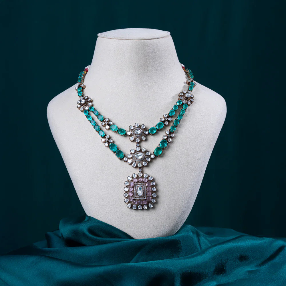 92.5 Silver, Gold Plated Duova Emerald Necklace Set
