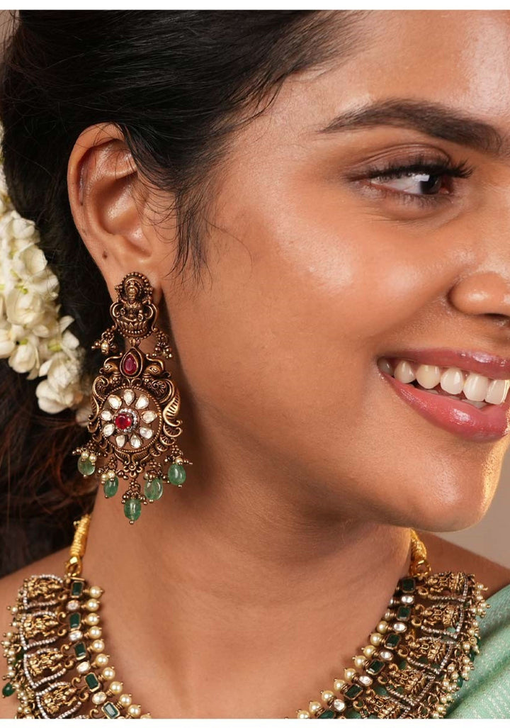 92.5  Silver Lakshmi Long Necklace and Earrings Antique Finish Set with Stone detailing and Dangling ( Short Necklace not included)