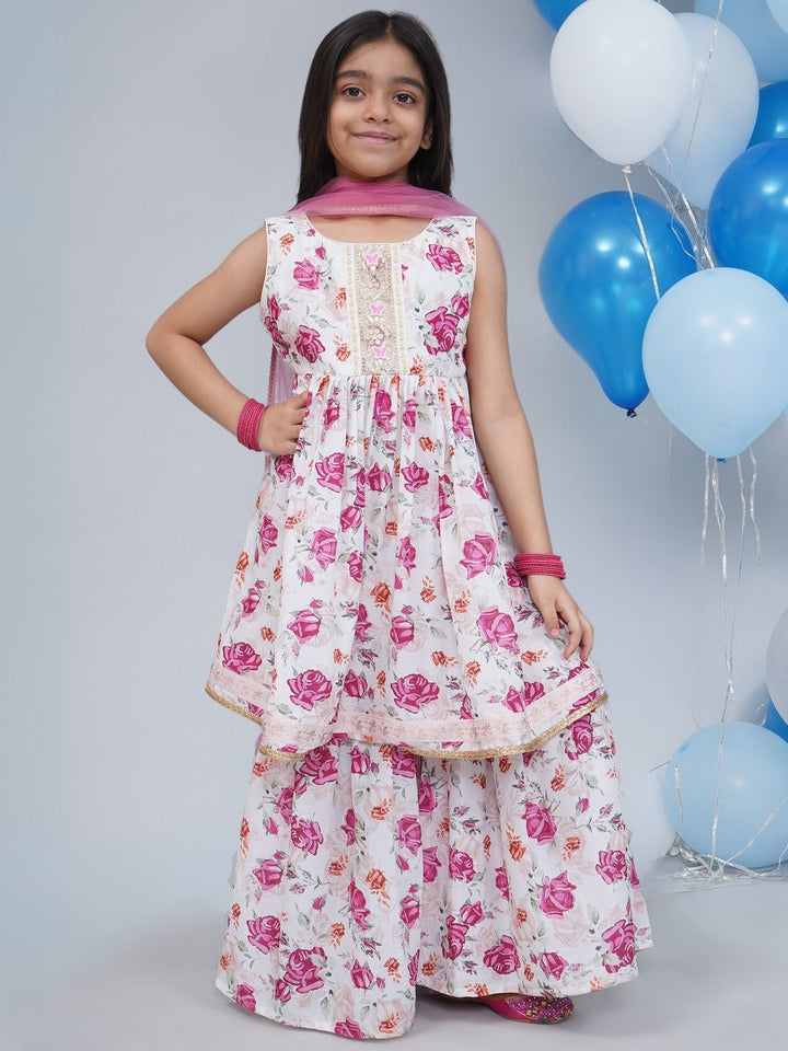 Girls Cream Muslin Garden Rose Kurta Sharara Set with Lace & Butterfly Handwork with Dupatta | SHOBITAM
