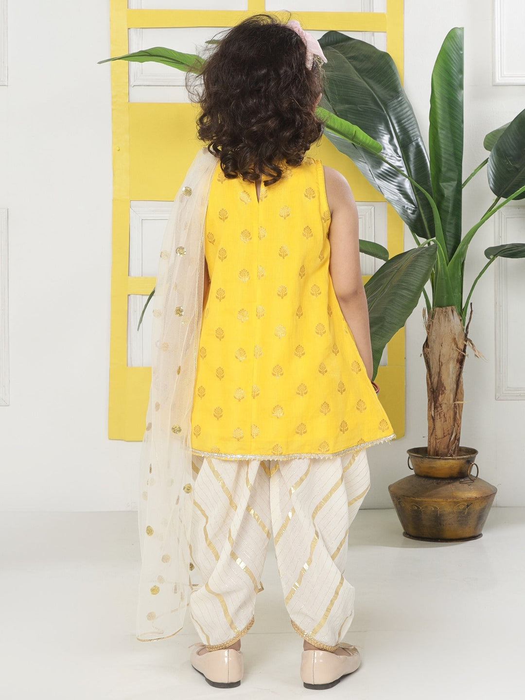 Yellow Cream Floral Zari Embroidery Cotton Kurta Salwar Set with Dupatta | SHOBITAM