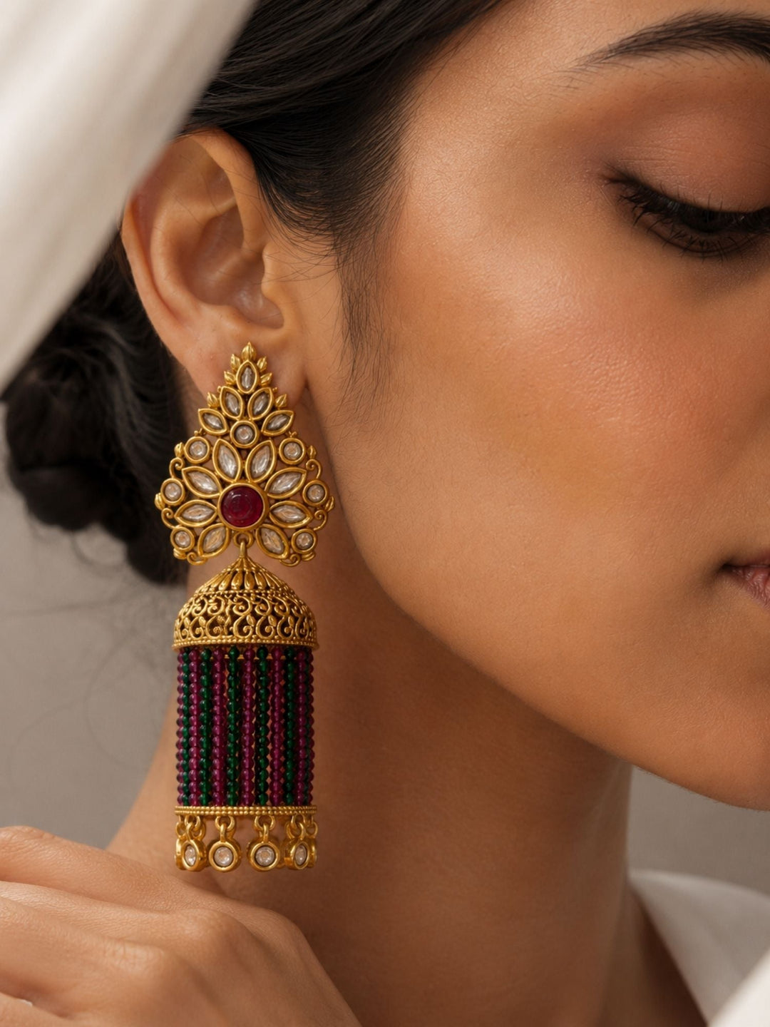 Traditional Pink Green Beaded Jhumka Earrings – Kundan Tassel Statement Earrings | SHOBITAM