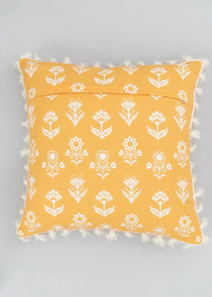 100% Pure Cotton Cushion Cover in Earthly Mustard with Dahlia Print and tassels, Size Options available