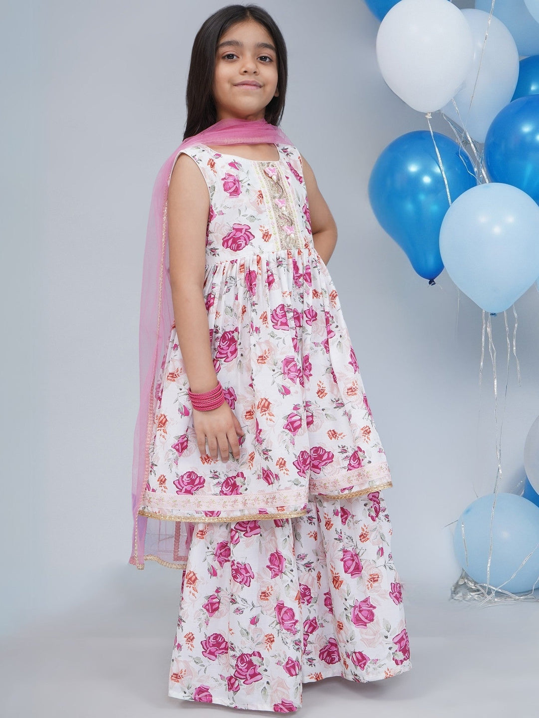 Girls Cream Muslin Garden Rose Kurta Sharara Set with Lace & Butterfly Handwork with Dupatta | SHOBITAM