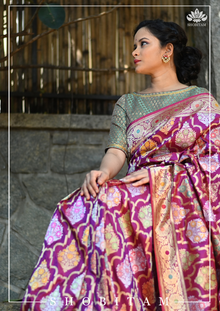 Authentic Kadhuwa Jungla Multi-color Meenakari Jaal Banarasi Silk Saree in Plum with Grand Pallu and Zari  | SILK MARK CERTIFIED