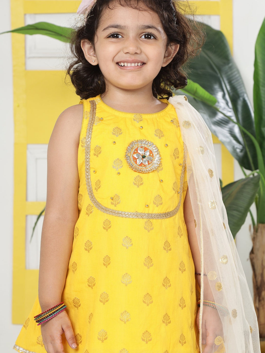 Yellow Cream Floral Zari Embroidery Cotton Kurta Salwar Set with Dupatta | SHOBITAM