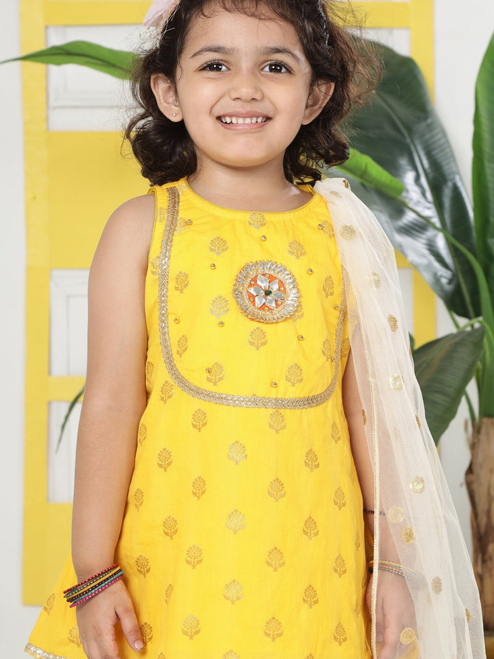 Yellow Cream Floral Zari Embroidery Cotton Kurta Salwar Set with Dupatta | SHOBITAM