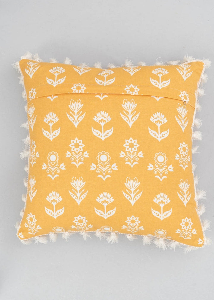Dahlia Mustard Floral Printed Cushion Cover for Sofa with Tassels – 100% Cotton | SHOBITAM