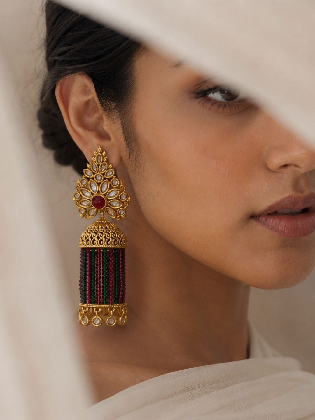 Traditional Pink Green Beaded Jhumka Earrings – Kundan Tassel Statement Earrings | SHOBITAM