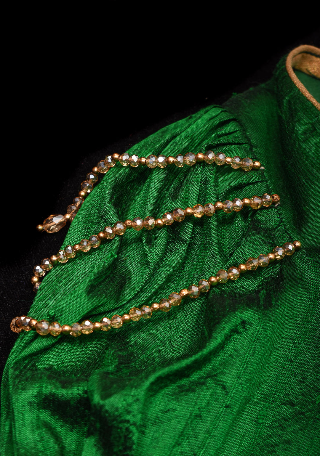 Exquisite Lakshmi Handpainted Blouse on Green Pure Raw Silk with Puff Sleeves and Crystal detailing