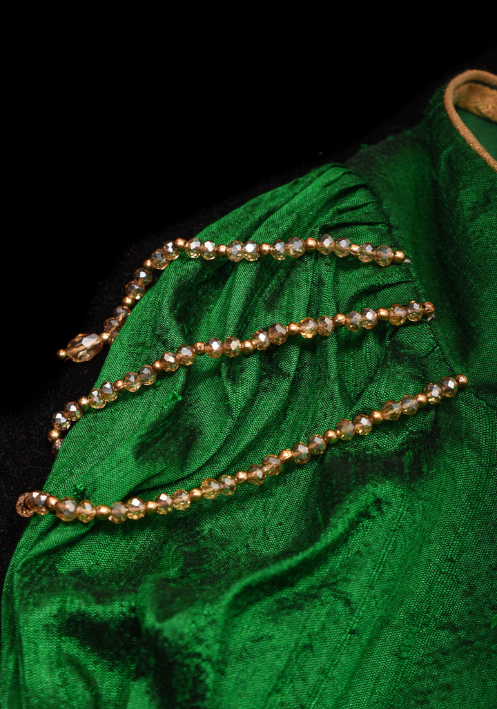 Exquisite Lakshmi Handpainted Blouse on Green Pure Raw Silk with Puff Sleeves and Crystal detailing