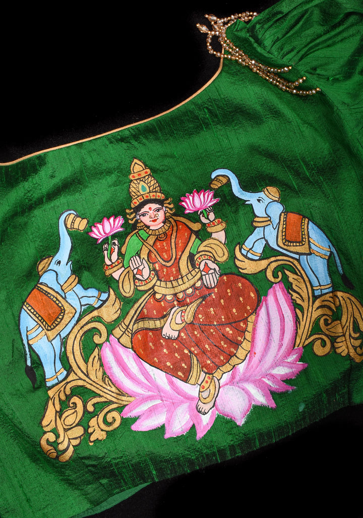 Exquisite Lakshmi Handpainted Blouse on Green Pure Raw Silk with Puff Sleeves and Crystal detailing