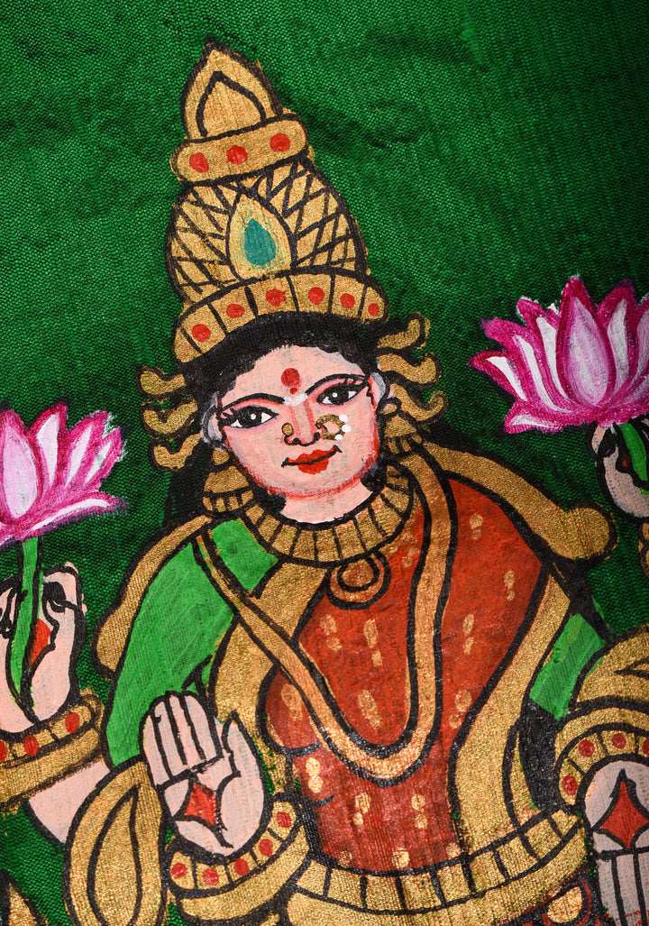 Exquisite Lakshmi Handpainted Blouse on Green Pure Raw Silk with Puff Sleeves and Crystal detailing
