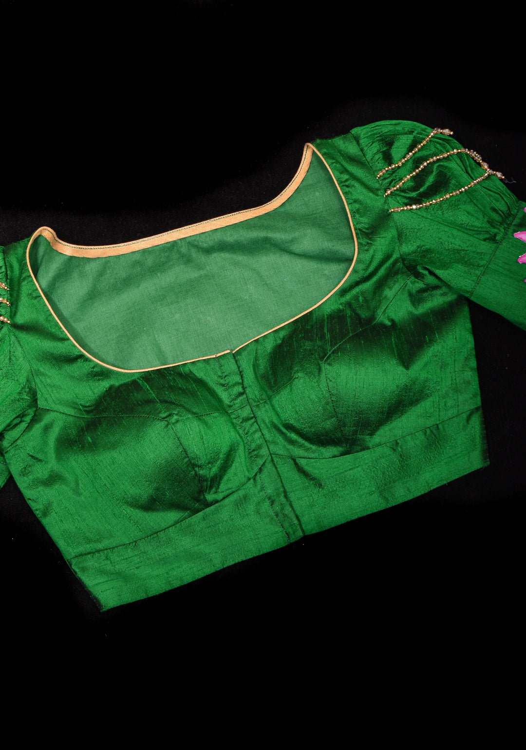 Exquisite Lakshmi Handpainted Blouse on Green Pure Raw Silk with Puff Sleeves and Crystal detailing