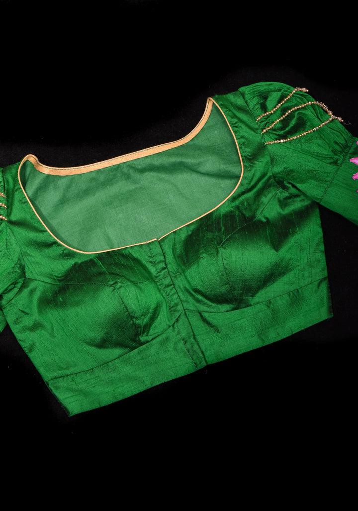 Exquisite Lakshmi Handpainted Blouse on Green Pure Raw Silk with Puff Sleeves and Crystal detailing