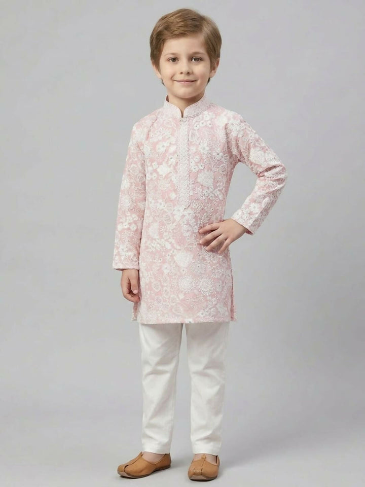 Boys Embroidered Light Pink Kurta Pajama Set | SHOBITAM