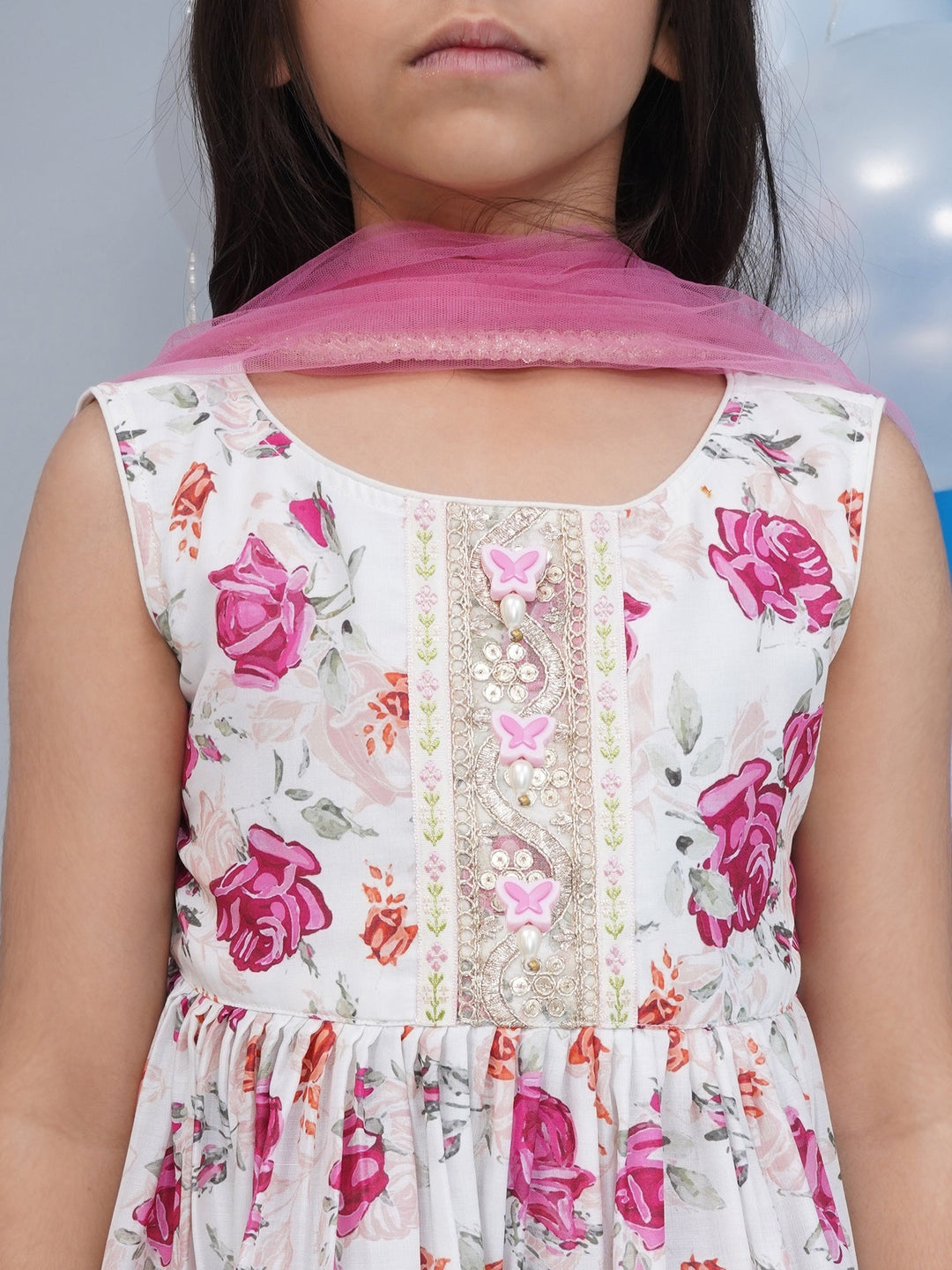 Girls Cream Muslin Garden Rose Kurta Sharara Set with Lace & Butterfly Handwork with Dupatta | SHOBITAM