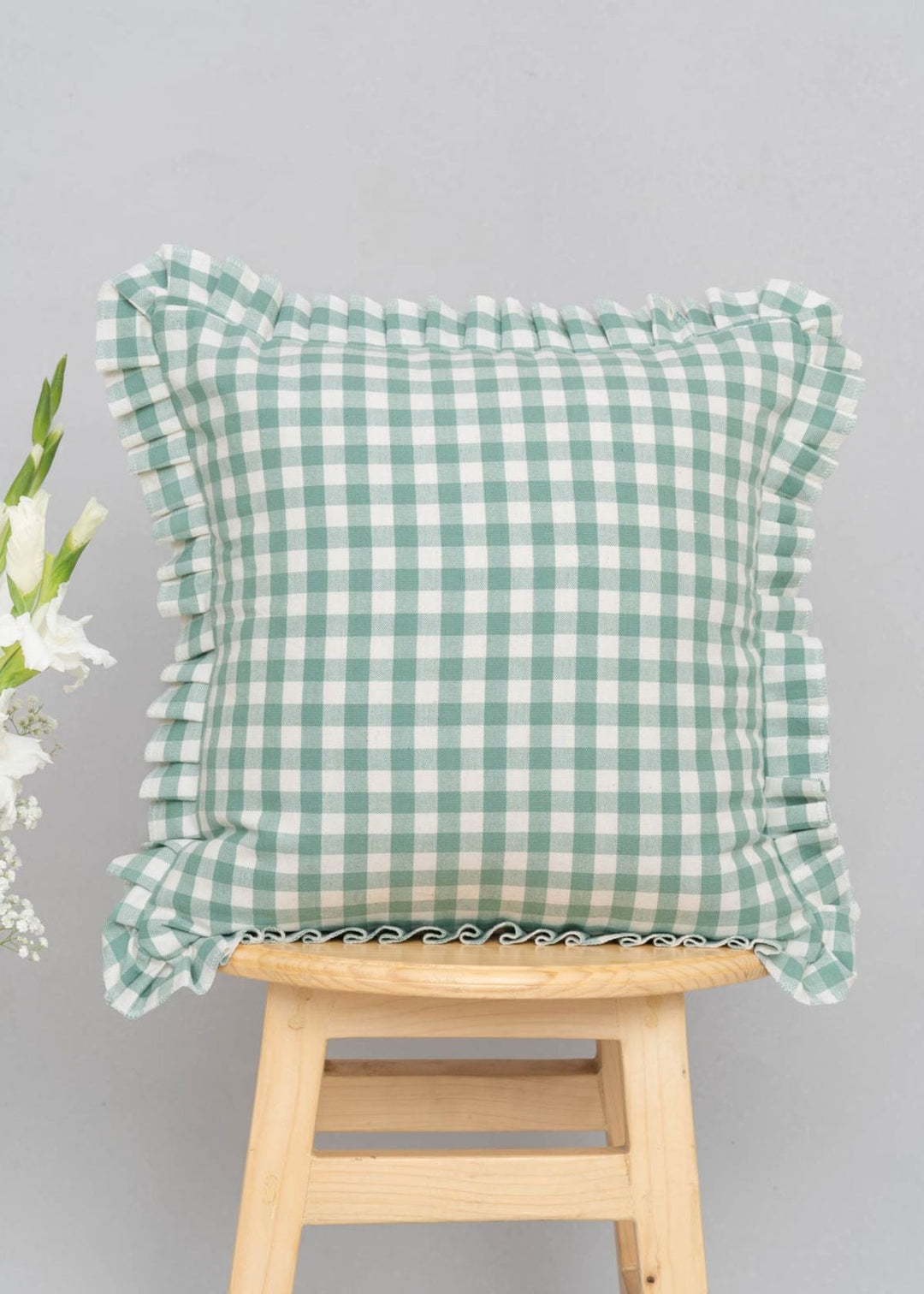 Gingham Sage Green Geometric Cushion Cover for Sofa – 100% Cotton | SHOBITAM