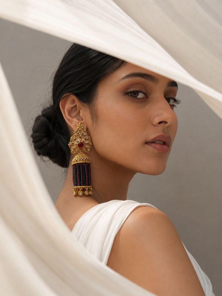 Traditional Pink Green Beaded Jhumka Earrings – Kundan Tassel Statement Earrings | SHOBITAM