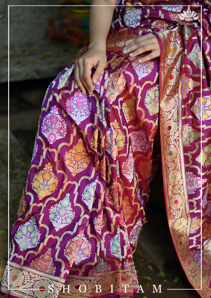 Authentic Kadhuwa Jungla Multi-color Meenakari Jaal Banarasi Silk Saree in Plum with Grand Pallu and Zari  | SILK MARK CERTIFIED
