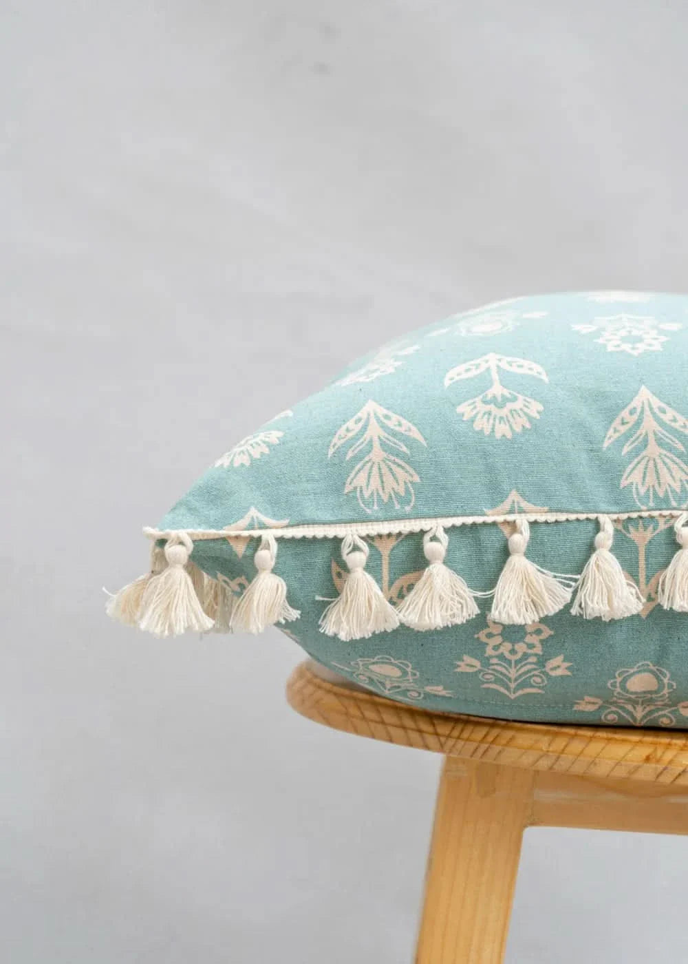 100% Pure Cotton Cushion Cover in Heather Blue with Dahlia Print and tassels, Size Options available