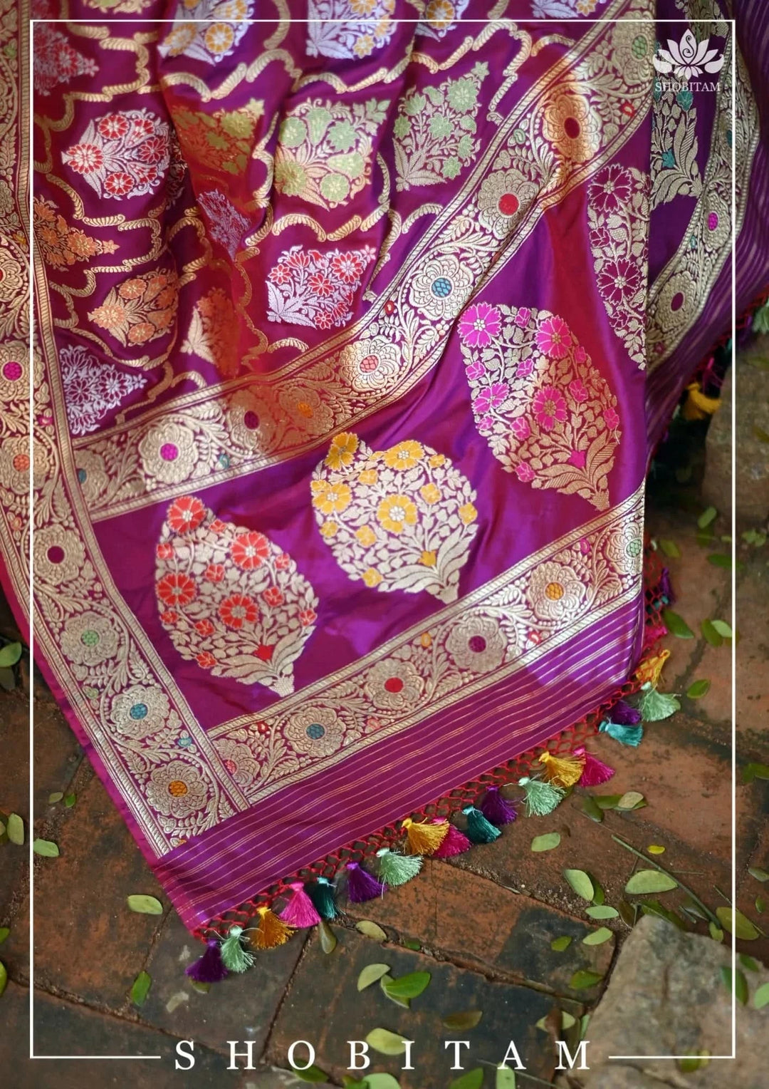 Authentic Kadhuwa Jungla Multi-color Meenakari Jaal Banarasi Silk Saree in Plum with Grand Pallu and Zari  | SILK MARK CERTIFIED