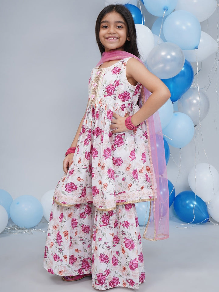 Girls Cream Muslin Garden Rose Kurta Sharara Set with Lace & Butterfly Handwork with Dupatta | SHOBITAM