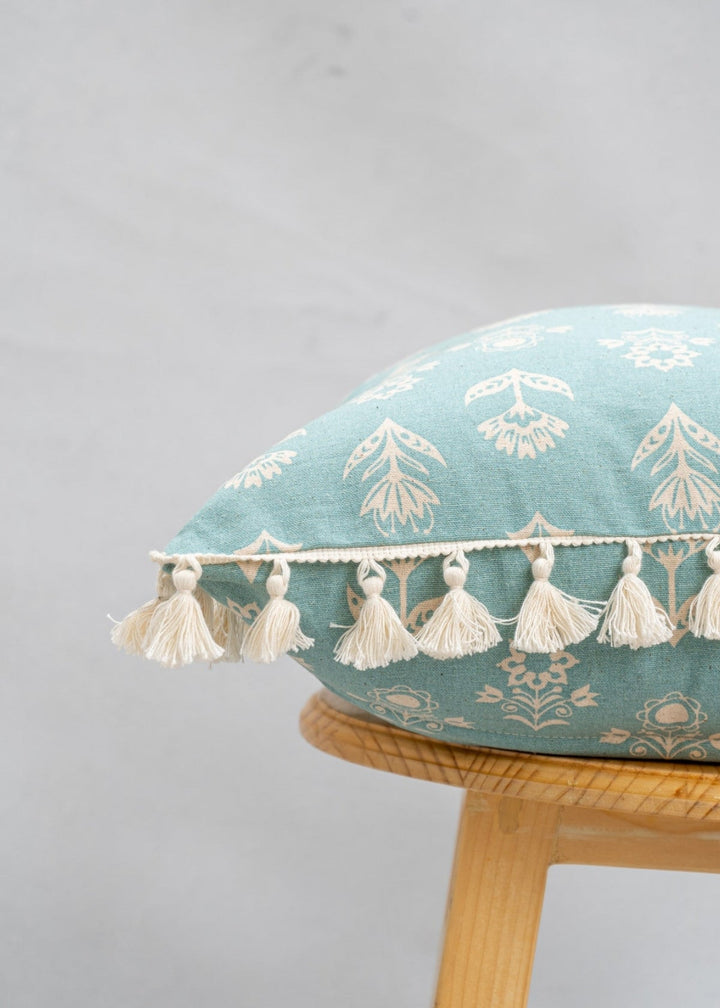 Dahlia Nile Blue Floral Printed Cushion Cover for Sofa with Tassels – 100% Cotton | SHOBITAM