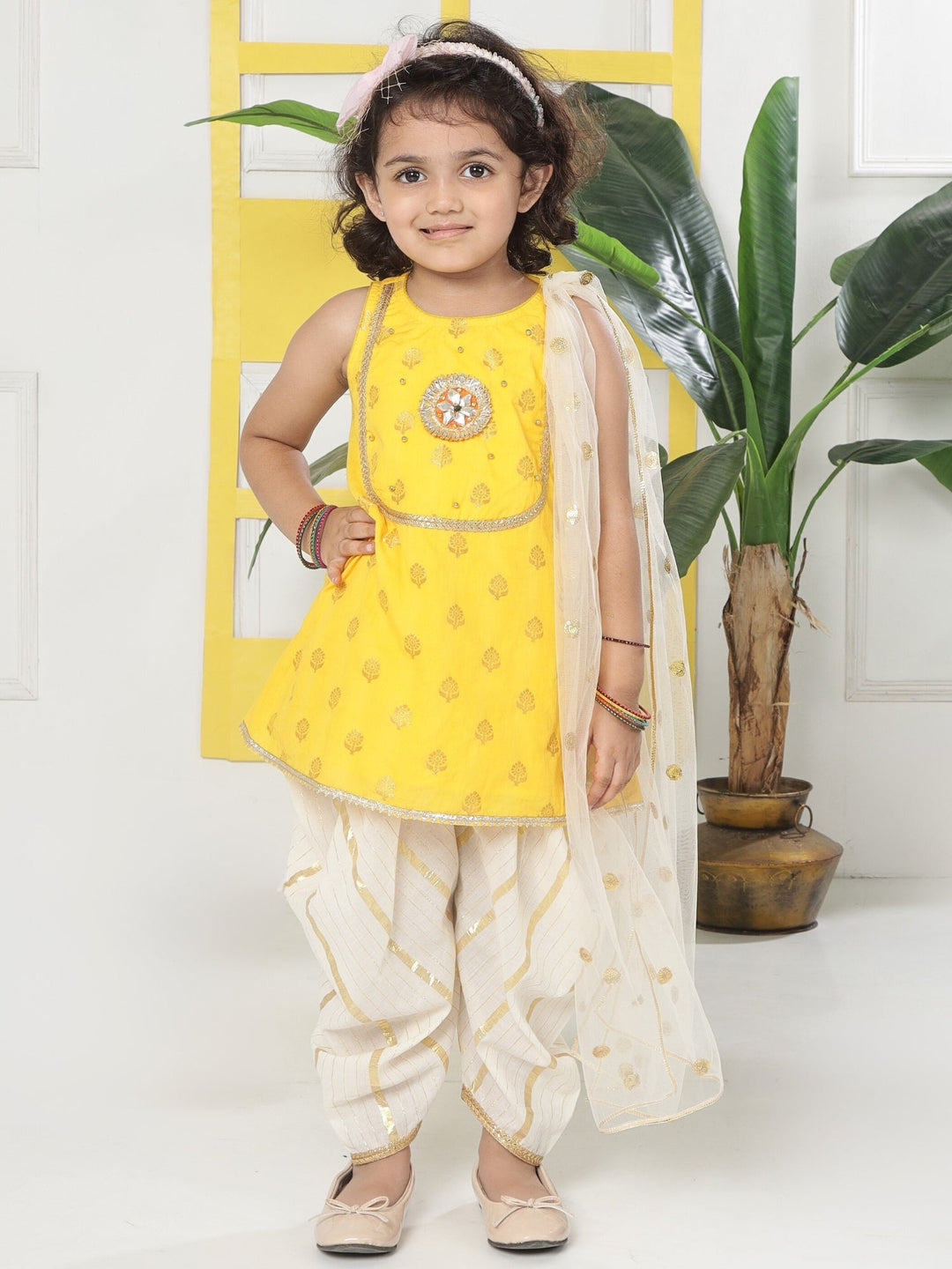 Yellow Cream Floral Zari Embroidery Cotton Kurta Salwar Set with Dupatta | SHOBITAM