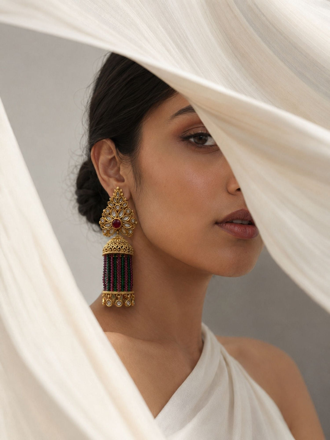Traditional Pink Green Beaded Jhumka Earrings – Kundan Tassel Statement Earrings | SHOBITAM