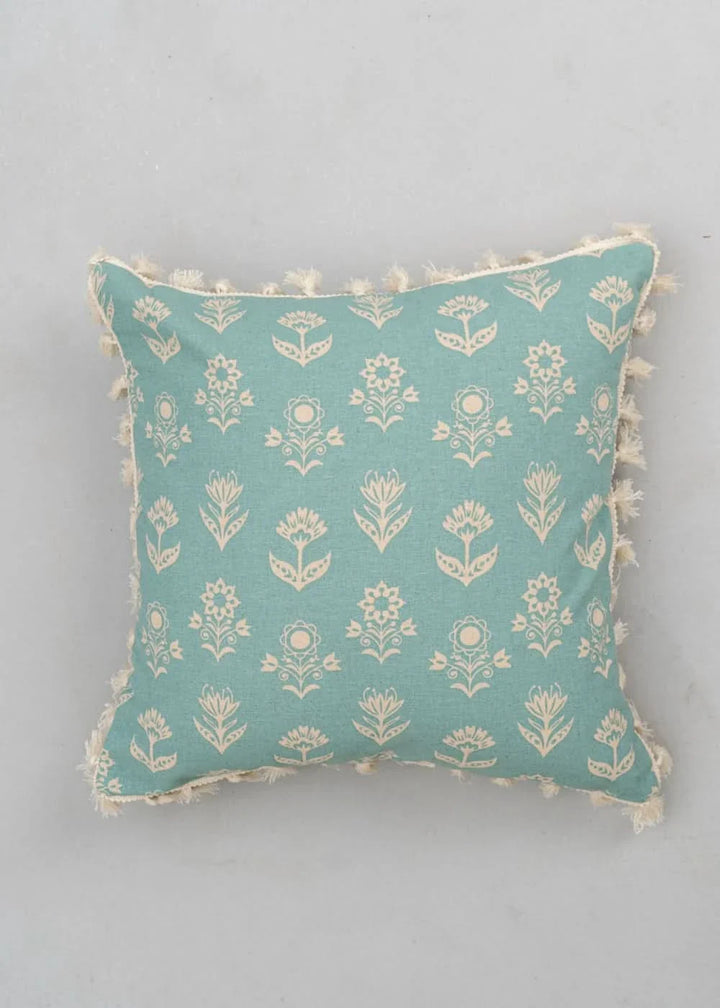 100% Pure Cotton Cushion Cover in Heather Blue with Dahlia Print and tassels, Size Options available