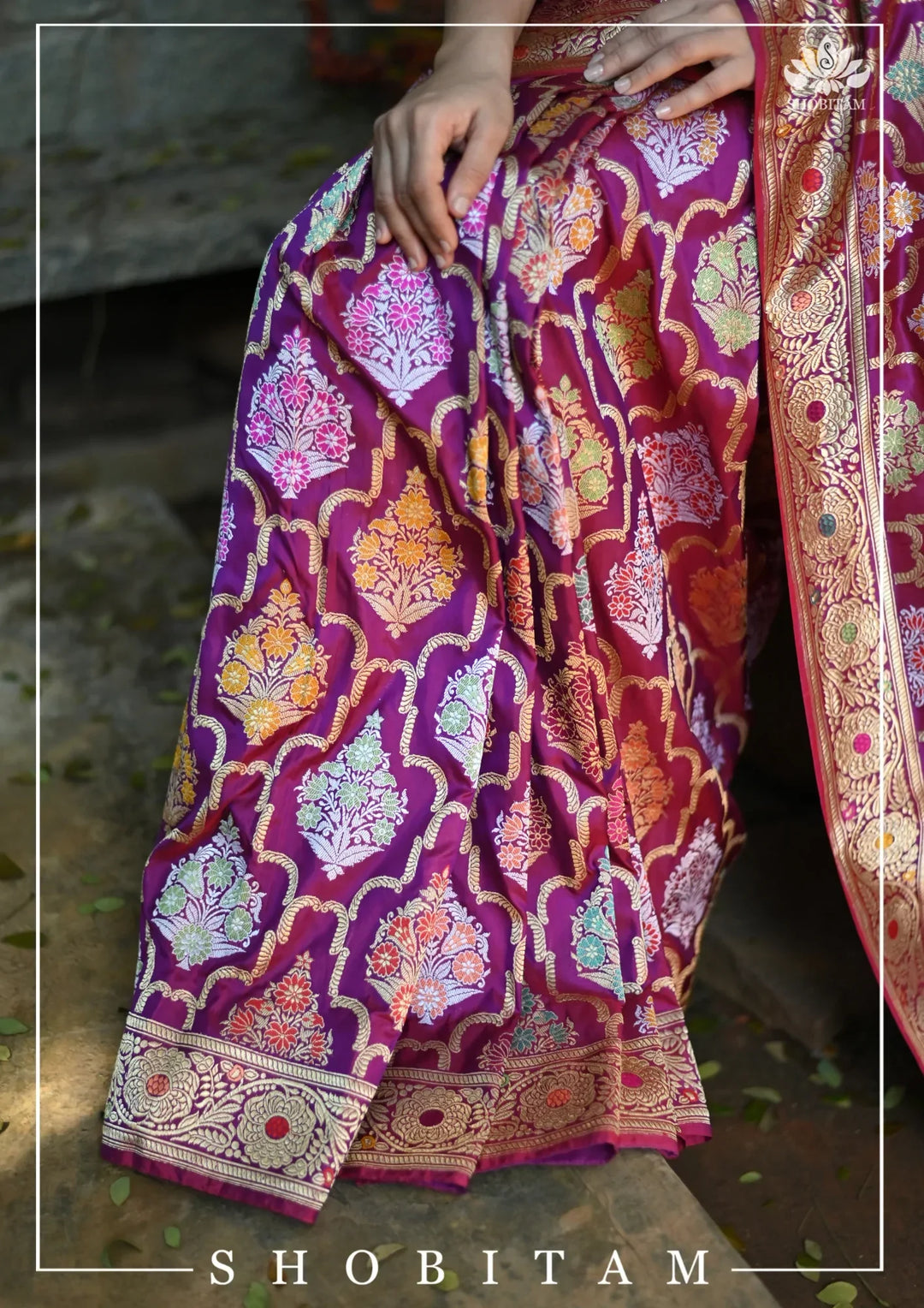 Authentic Kadhuwa Jungla Multi-color Meenakari Jaal Banarasi Silk Saree in Plum with Grand Pallu and Zari  | SILK MARK CERTIFIED