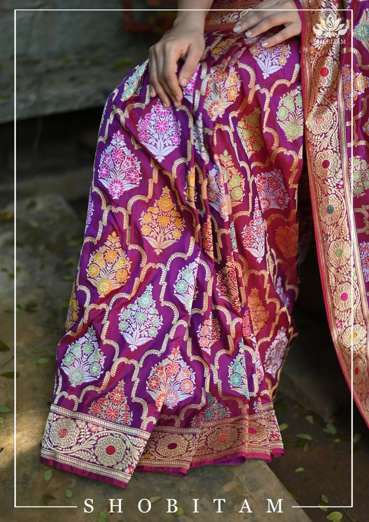 Authentic Kadhuwa Jungla Multi-color Meenakari Jaal Banarasi Silk Saree in Plum with Grand Pallu and Zari  | SILK MARK CERTIFIED