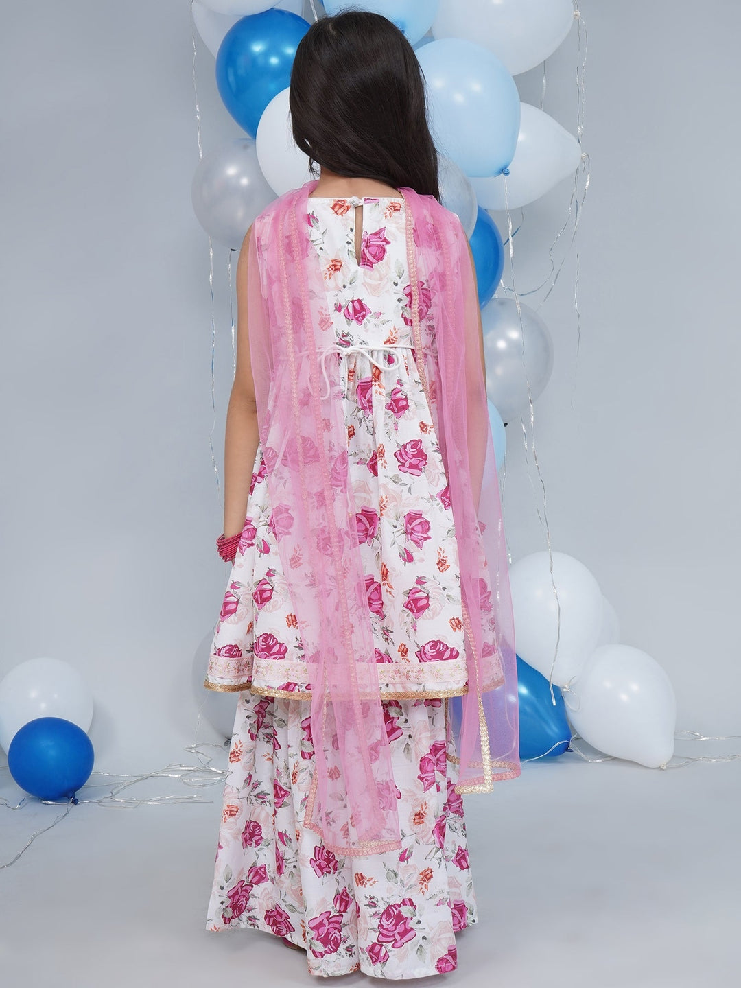 Girls Cream Muslin Garden Rose Kurta Sharara Set with Lace & Butterfly Handwork with Dupatta | SHOBITAM