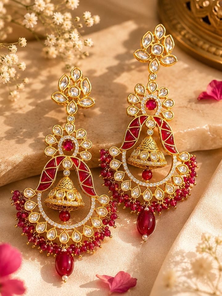 Red Kundan Chandbali Earrings in Gold Finish – Festive Wear | SHOBITAM