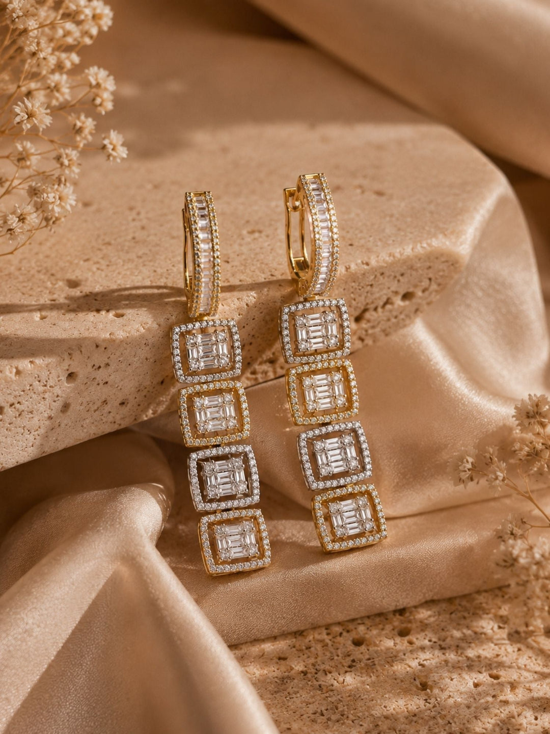 Geometric CZ Drop Earrings in Dual Tone Finish – Party Wear | SHOBITAM