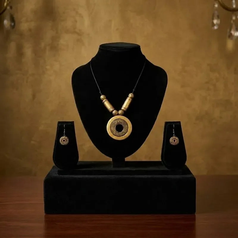 Minimalist Round Pendant Terracotta Necklace Set| SHOBITAM