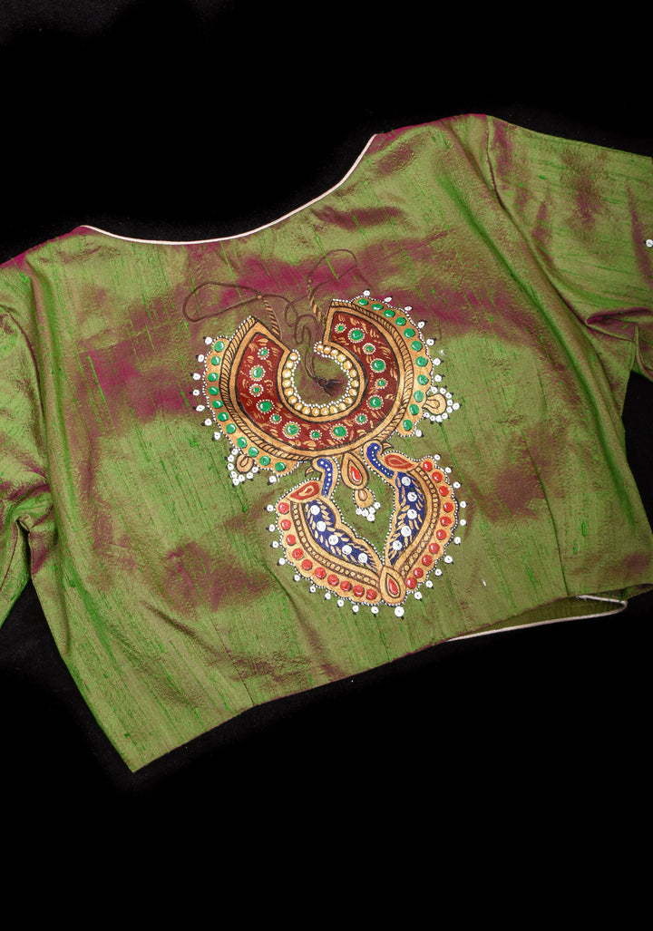 Nizam Jewelry Handpainted Blouse in Green pink Pure Raw silk with multicolor brocade bustier detailing
