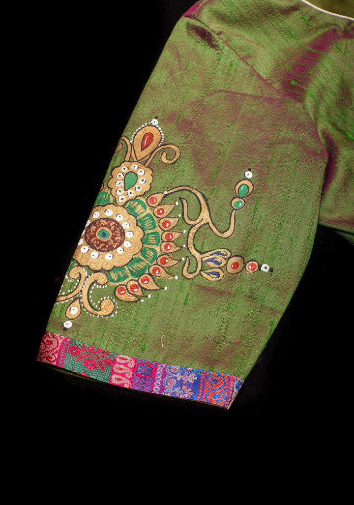 Nizam Jewelry Handpainted Blouse in Green pink Pure Raw silk with multicolor brocade bustier detailing