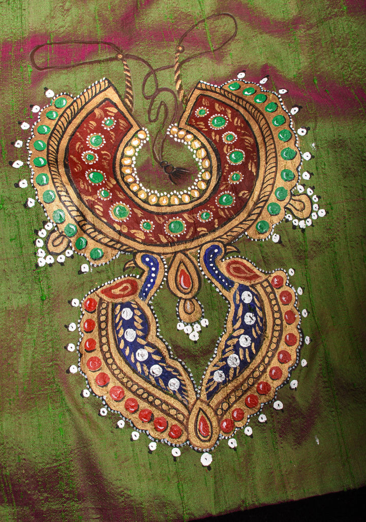 Nizam Jewelry Handpainted Blouse in Green pink Pure Raw silk with multicolor brocade bustier detailing