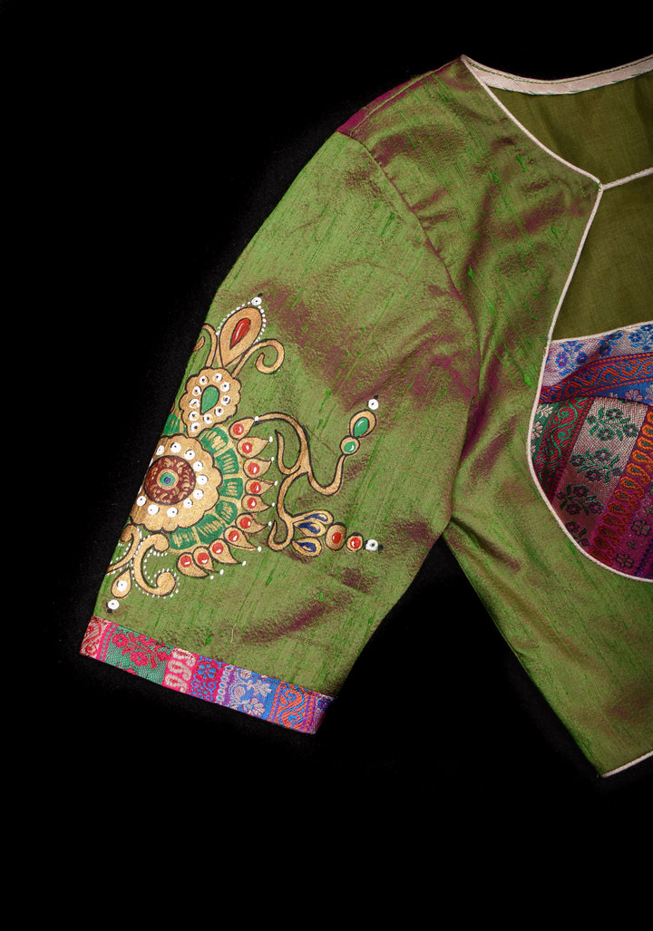 Nizam Jewelry Handpainted Blouse in Green pink Pure Raw silk with multicolor brocade bustier detailing