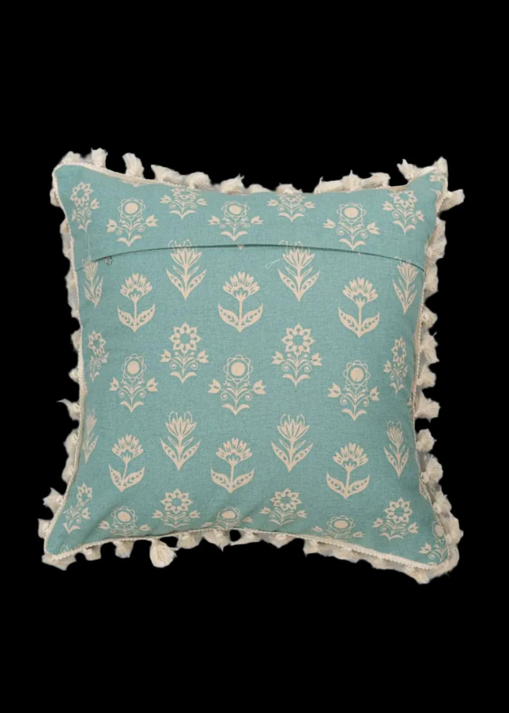 100% Pure Cotton Cushion Cover in Heather Blue with Dahlia Print and tassels, Size Options available