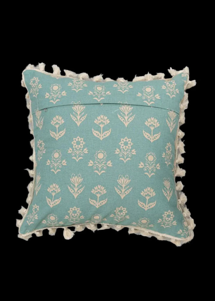 100% Pure Cotton Cushion Cover in Heather Blue with Dahlia Print and tassels, Size Options available